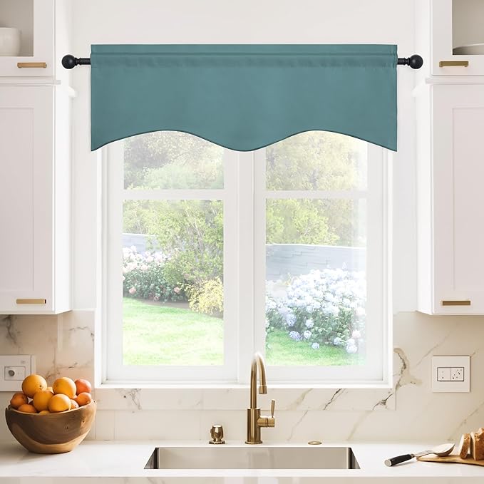 NICETOWN Room Darkening Valance for Windows - 42 inches by 18 inches Long Scalloped Rod Pocket Valance Curtain Panel for Small/Bay/Kitchen/Bathroom Window, Greyish Blue, 2 Panels
