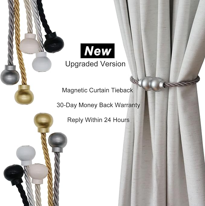 4 Pack Magnetic Curtain Tiebacks Modern Handmade Rope Curtain Tie Backs Decorative Drapes Weave Holdbacks for Home Outdoor Bedroom Office Decorative Curtain, Grey