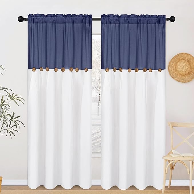 FRAMICS Farmhouse Cotton Linen Curtains for Living Room, Boho Button Curtains 84 Inch Length 2 Panels Set, Navy Blue Rustic Country Linen Window Curtains for Bedroom, Rod Pocket Drapes, 52 x 84 Inch