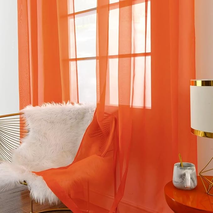 SpaceDresser Burnt Orange Sheer Curtains 4 Panels Rod Pocket Semi-Sheer Curtain 63 Inches Long Light Filtering Voile Window Drapes for Bedroom Living Room Kitchen, Each 52W x 63L