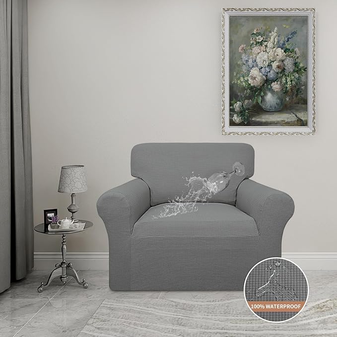 Easy-Going 100% Waterproof Chair Couch Cover, Dual Waterproof Sofa Cover, Stretch Jacquard Sofa Slipcover, Leakproof Furniture Protector for Kids, Pets, Dog and Cat (Chair, Grey)
