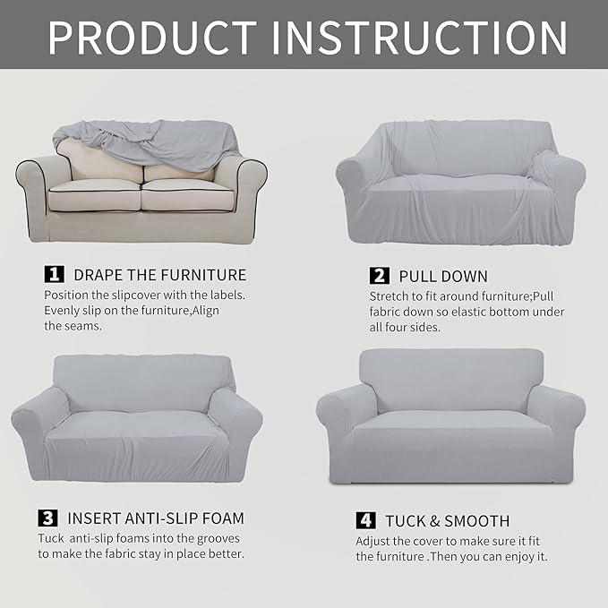 Easy-Going Stretch Loveseat Slipcover 1-Piece Sofa Cover Furniture Protector Couch Soft with Elastic Bottom for Kids Polyester Spandex Jacquard Fabric Small Checks (Loveseat, Silver Gray)