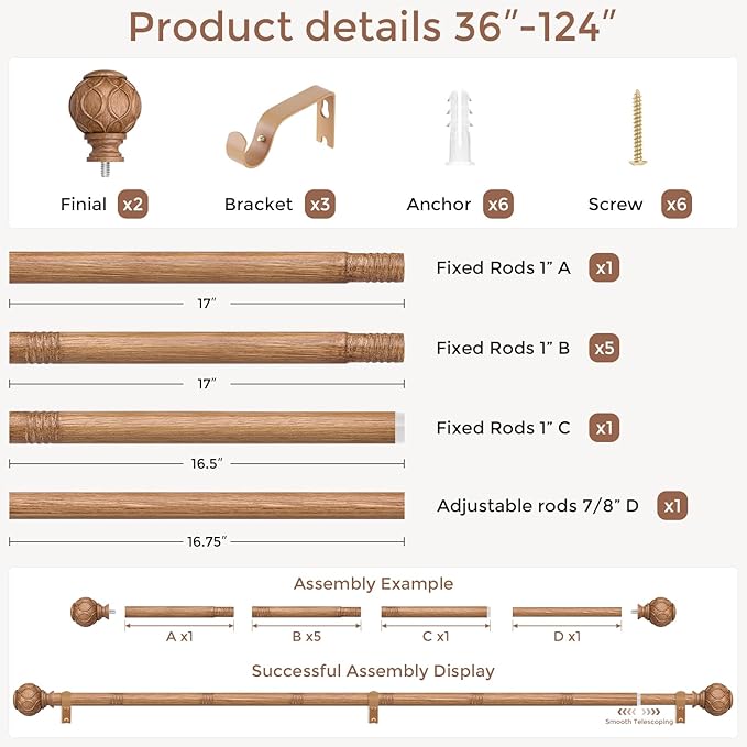 Long Wood Curtain Rods for Windows 66 to 120 Inch, Boho Vintage Decorative 1'' Wooden Curtain Rod, Adjustable Heavy Duty Rustic Farmhouse Drapery Pole with Netted Imitation Wood Grain Finials