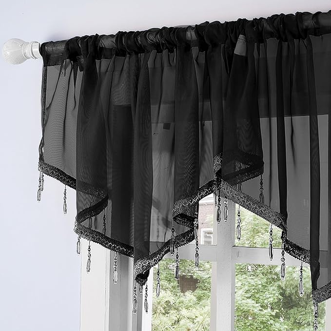 Molaxhome Swag Curtain 51 inch Length Rod Pocket Scalloped Curtain Valance Sheer Lace Panels with Hanging Crystal Beads for Kitchen Bedroom Window Treatments Drape Decor 1pc (Black, 51Wx23L)