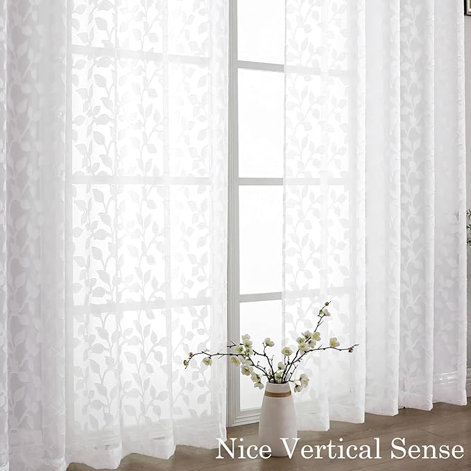 Chyhomenyc White Sheer Curtains 90 Inch Length 2 Panels Set, Light Filtering Tufted Textured Soft Airy Rod Pocket Gentle Leaf Window Treatment Drapes for Bedroom Living Room, 52" Wx90 L, 2PCS