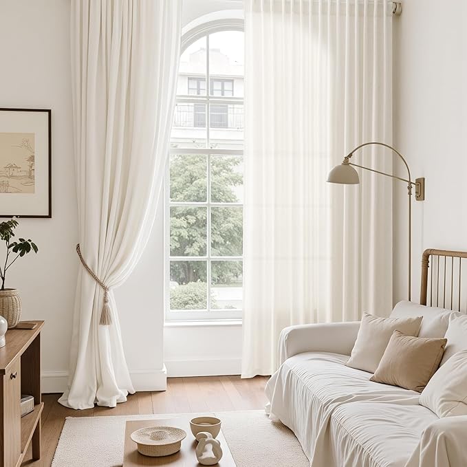 Modern Linen Curtains for Living Room 102 Inches Long Light Filtering Semi Sheer Curtain Back Tab Neutral Luxury Modern Farmhouse Decor Floor to Ceiling High Window for Bedroom 52x102, 2 Panels