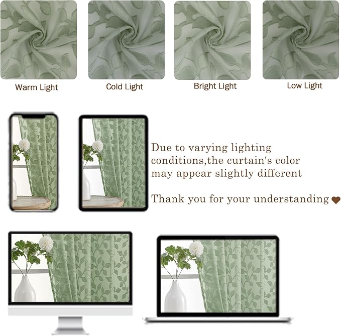 Chyhomenyc Sage Green Sheer Curtains 54 Inch Length for Living Room 2 Panels Set, Light Filtering Tufted Textured Soft Airy Rod Pocket Leaf Window Treatment Drapes for Bedroom, 42" Wx54 L, 2PCS