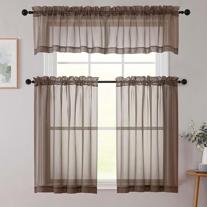 Cafe Curtains 36 Inch Length Tier 2 Pieces, Modern Soft Airy Sheer Kitchen Short Curtains for Small Window, Rod Pocket Small Curtain for Bathroom Basement, Chocolate, Each, 42"Wx36"L Inches