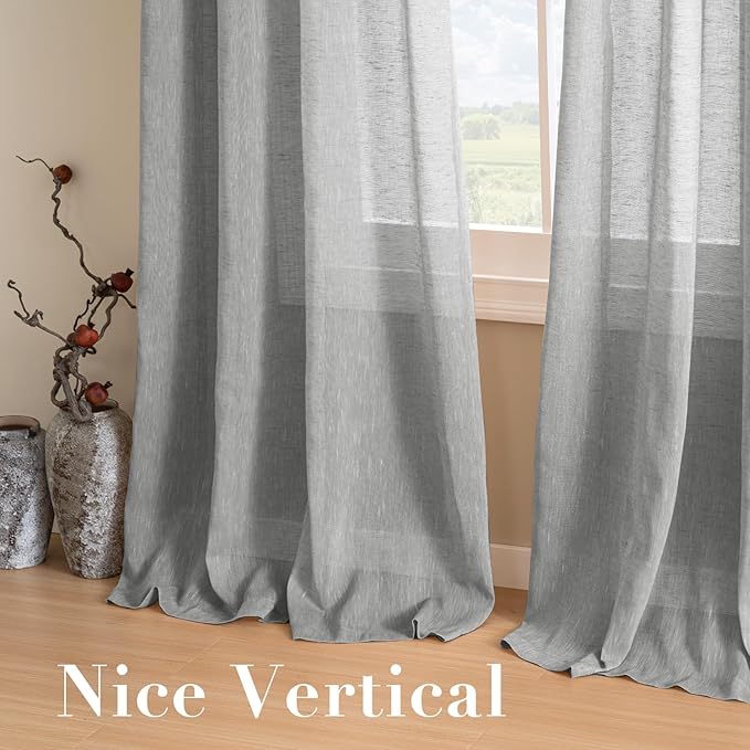 H.VERSAILTEX Linen Curtains Flax Linen Blended Curtain Panels for Living Room/Bedroom Semi Sheer Privacy Curtains 96 inch Length 2 Panels Set Nickel Grommet Window Drapes, Grey