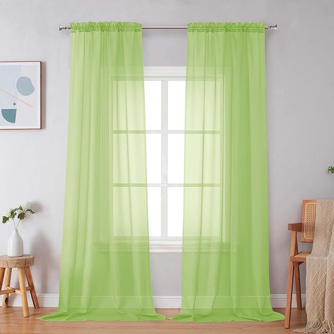 Simplebrand Rod Pocket Top Solid Voile Sheer Curtains for Bedroom, 54 Inch Length Drapes Set of 2, Lightweight and Light Filtering Elegant Lime Curtains Panels Window Treatment, 42W×54L, Lime