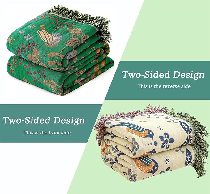 MSGKV Boho Throw Blanket 100% Cotton Green Blanket 90''x 98'' Spring Reversible Blankets with Tassels Warm Soft Blanket for Bed Sofa Living Room