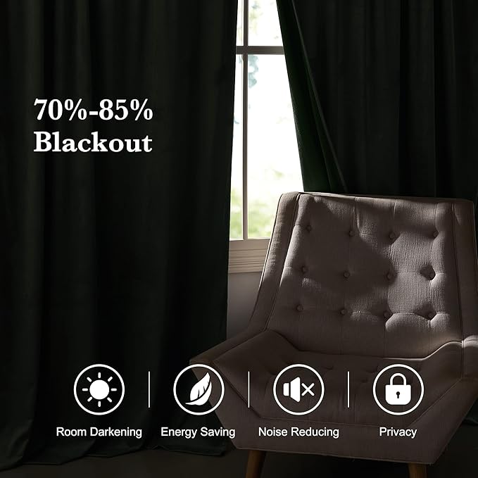 RYB HOME Elegant Green Velvet Curtains 84 inches Long, Light Blocking, Thermal Insulated, Stylish Velvet Drapes with Hook Belt for Cozy Home Aesthetics, 52" W x L102 L, 2 Panels Set