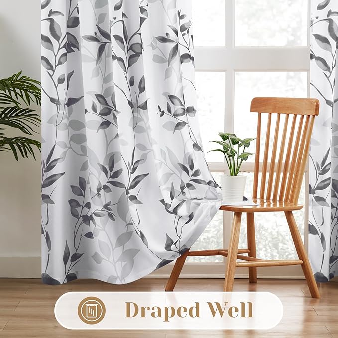 HOMEIDEAS Non-See-Through Light Grey and White Privacy Sheer Curtains 52 X 96 Inches Long 2 Panels, Leaf Floral Printed Light Filtering Semi Sheer Window Curtains Drapes for Bedroom Living Room