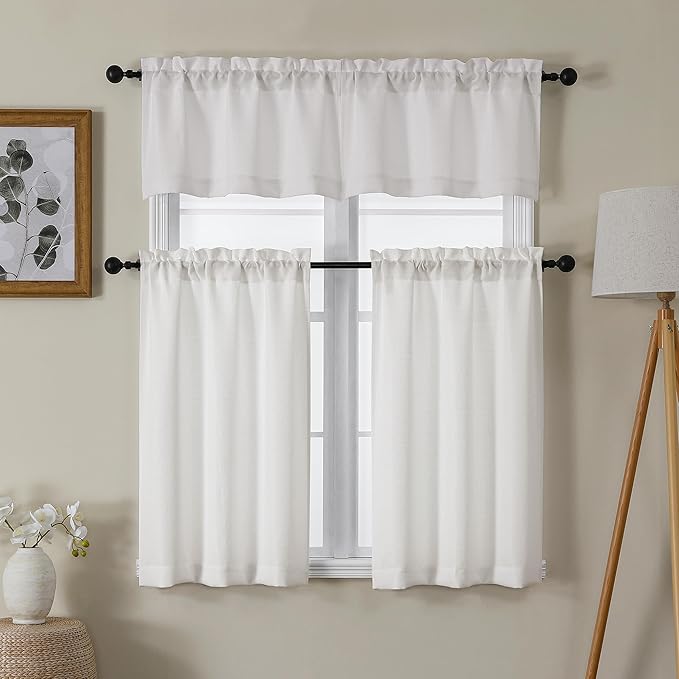 Chyhomenyc Cream Valance for Windows, Light Filtering Faux Linen Textured Small Kitchen Window Curtain, Rod Pocket Short Valance for Bathroom Laundry Basement, 60Wx14L inch, 1 Piece