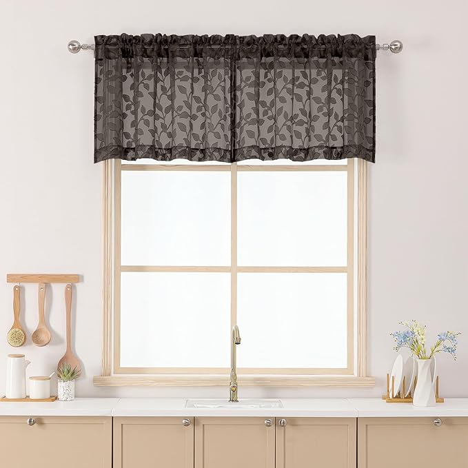 Chyhomenyc Chocolate Sheer Valances for Windows 18 Inch Length 2 Pcs, Light Filtering Leaf Textured Cafe Short Kitchen Curtains, Top Small Curtain for Living Room Bedroom Basement, 42" W x 18" L