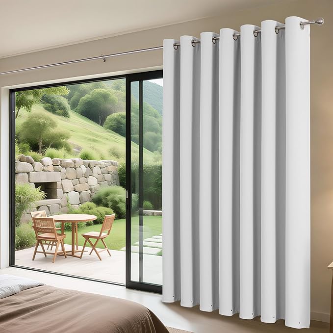 Joydeco Blackout Patio Sliding Door Curtains 96 Inches Long, Grommet Privacy Room Divider Curtains, Extra Wide Thermal Blackout Drapes for Bedroom Living Room (Greyish White, 60Wx96L, 1 Panel)