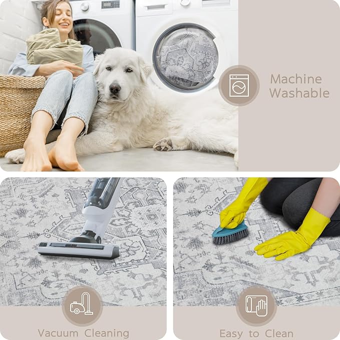 Area Rug 8x10 Washable Area Rugs for Living Room- Ultra Soft Non-Shedding Faux Wool Bedroom Rug Large Grey Vintage Print Rugs with Non Slip Rubber- Indoor Retro Foldable Carpet for Dining Room