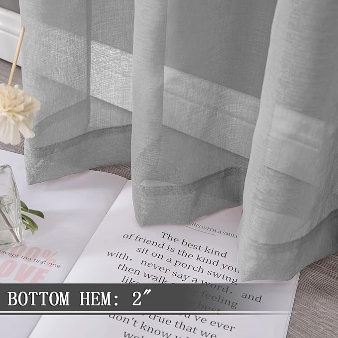 Tollpiz Sheer Curtain Linen Textured Bedroom Curtains Sheer Light Filtering Rod Pocket Voile Curtain for Living Room, 54 x 95 inches Long, Silver Grey, Set of 2 Panels