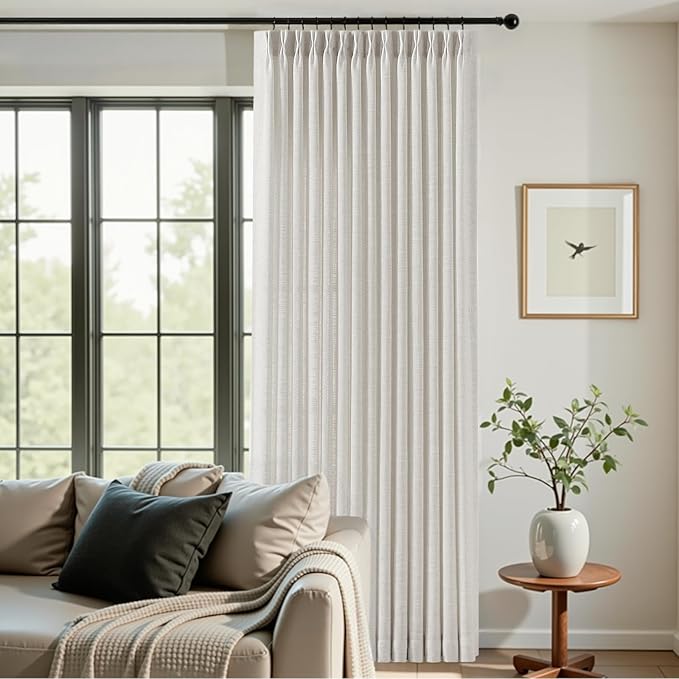 IVAPUPU Pinch Pleated Curtains 90 Inch Long for Living Room, Extra Wide Semi Sheer Pleated Drapes Back Tab Hooks Rings Light Filtering Privacy Linen Curtain for Office, Beige White, 70Wx90L, 1 Panel