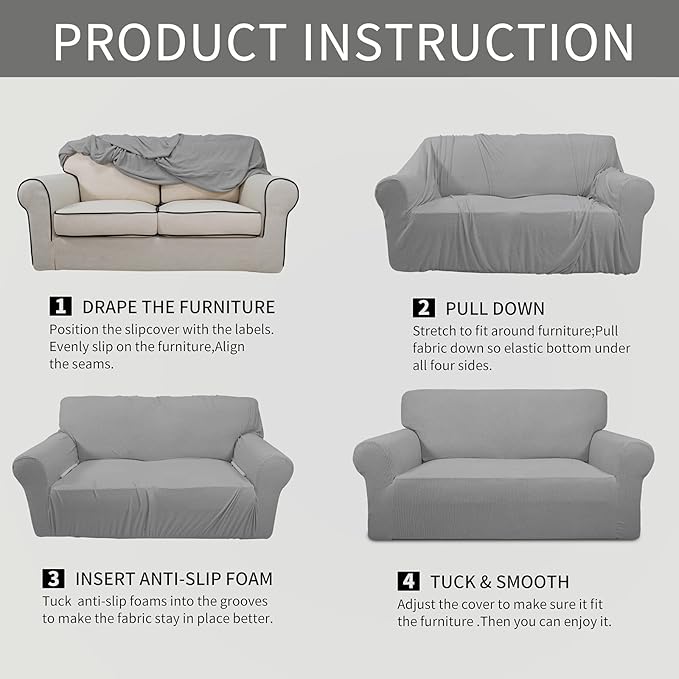 Easy-Going Stretch Oversized Sofa Slipcover 1-Piece Sofa Cover Furniture Protector Couch Soft with Elastic Bottom for Kids, Polyester Spandex Jacquard Fabric Small Checks Light Gray