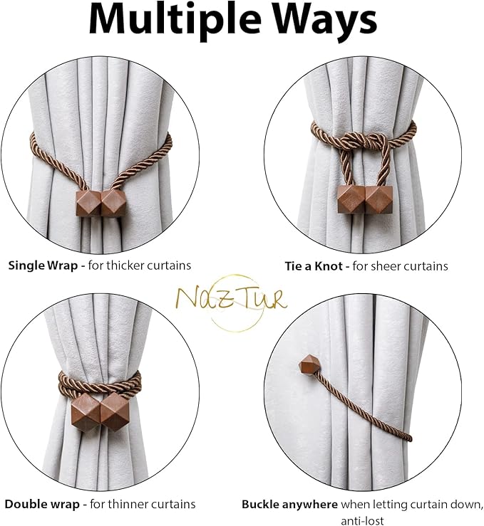 NazTur Magnetic Curtain Tiebacks- Upgrade 2022 with a Thicker Twist Rope & Strong Magnet Tieback Window Treatment Holdbacks Draperies Holders Decorative Drape Handmade Tie Back (Coffee Dark, 2)