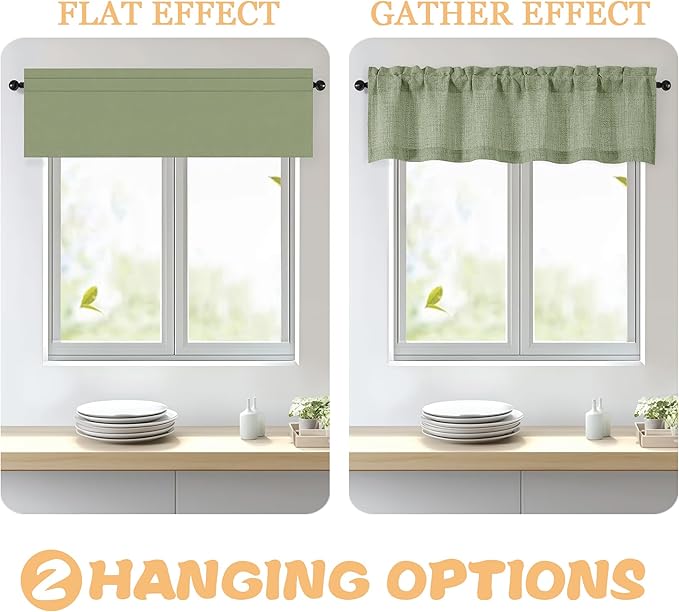 OWENIE Sage Green Valances for Windows 1 Pcs, Light Filtering Textured Farmhouse Short Small Valance Curtains for Bathroom Basement Living Room, Rod Pocket Half Curtains Over Sink, 60" W by 16" L