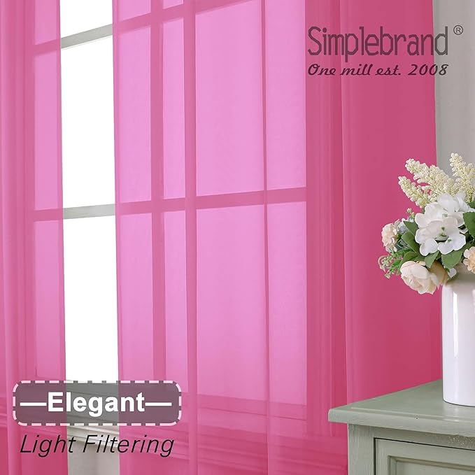 Simplebrand Rod Pocket Top Solid Voile Sheer Curtains for Bedroom, 54 Inch Length Drapes Set of 2, Lightweight and Light Filtering Elegant Hot Pink Curtains Panels Window Treatment, 42W×54L, Hot Pink