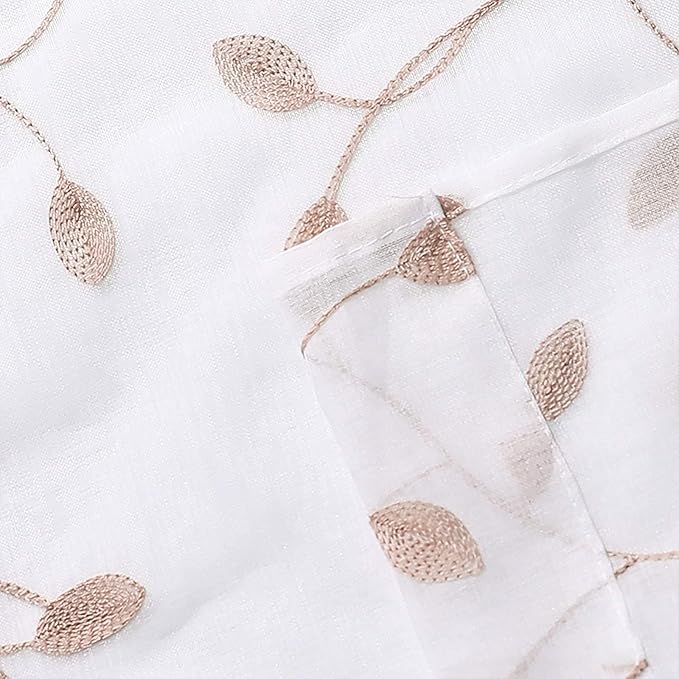 MRTREES Sheer Curtain Valances 2 Panels, Leaves Embroidered Voile Valance Curtains Rod Pocket, 54x16 Inches Small Sheer Window Curtain Valance for Bedroom/Living Room/Kitchen/Basement(Taupe Leaves)