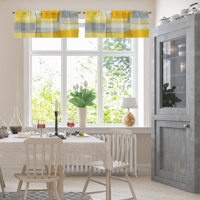 Emvency 4 Pack Valances Window Treatments, Yellow and Grey Abstract Modern Art Blackout Adjustable for Living Room Bathroom Bedroom Kitchen Over Sink, 52x18 Inch Rod Pocket Valances