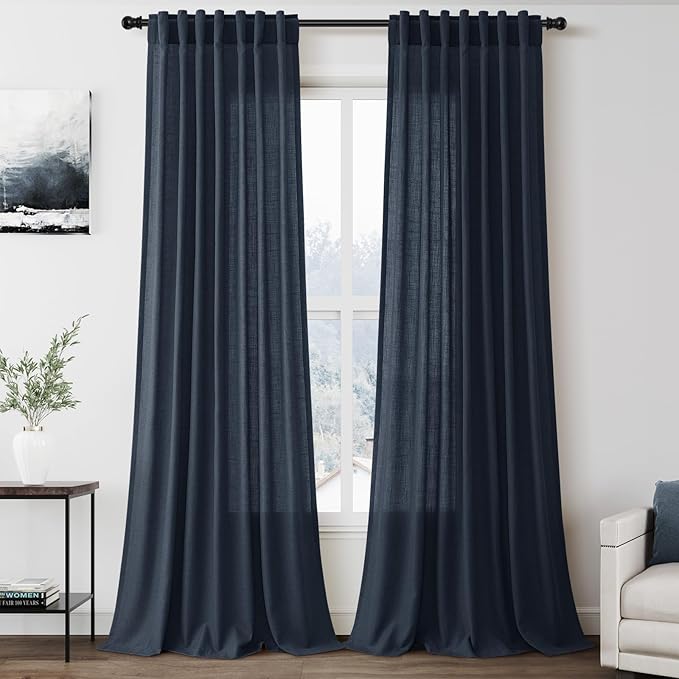 Nanspring Vintage Blue Linen Curtains 108 Inches Long for Living Room Bedroom 2 Panels Set Extra Long Back Tab Drapes Light Filtering Semi Sheer Floor to Ceiling Curtain for Large Windows 52x108