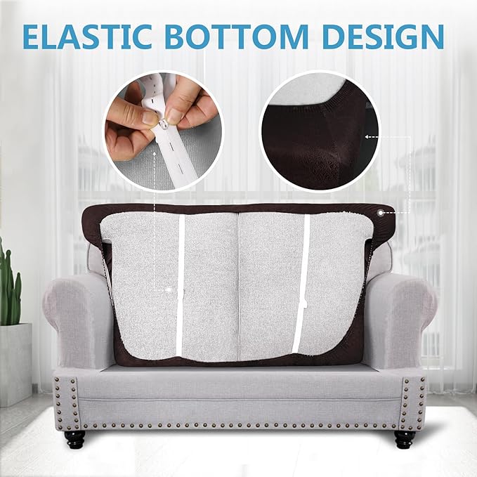 Leather Look Couch Cushion Covers Sofa Seat Slipcovers Sets Couches Furniture Protector for Sectional Armchair Loveseat Pets Kids Stretch Spandex Fabric (2 T-Cushion Loveseat, Chocolate)