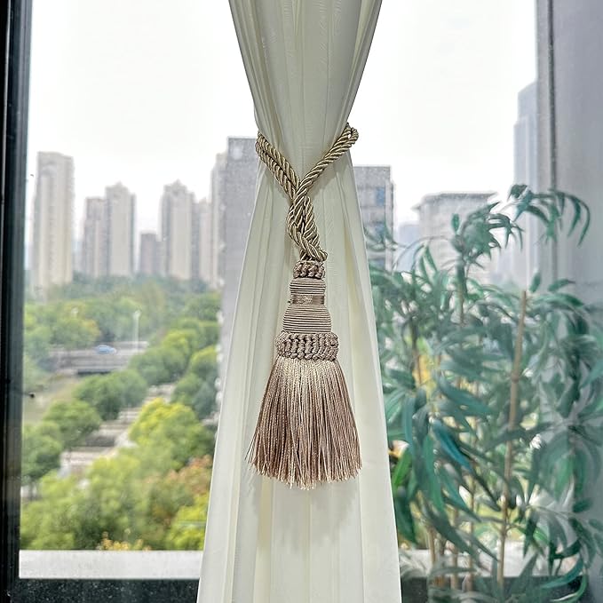 Fenghuangwu 2 Pack Curtain Tie Backs Rope Tassels for Curtains Drape tiebacks Handmade Outdoor Home and Outdoor Decorative (Khaki, 2p)