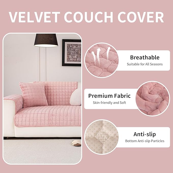Velvet Couch Cover, Washable Sectional Sofa Cover, Anti Slip Sofa Slipcover for 3 Cushion Couch Sofa L Shaped Armrest Backrest, Furniture Protector Covers for Pets Kids(1PC,Pink,36"×36")