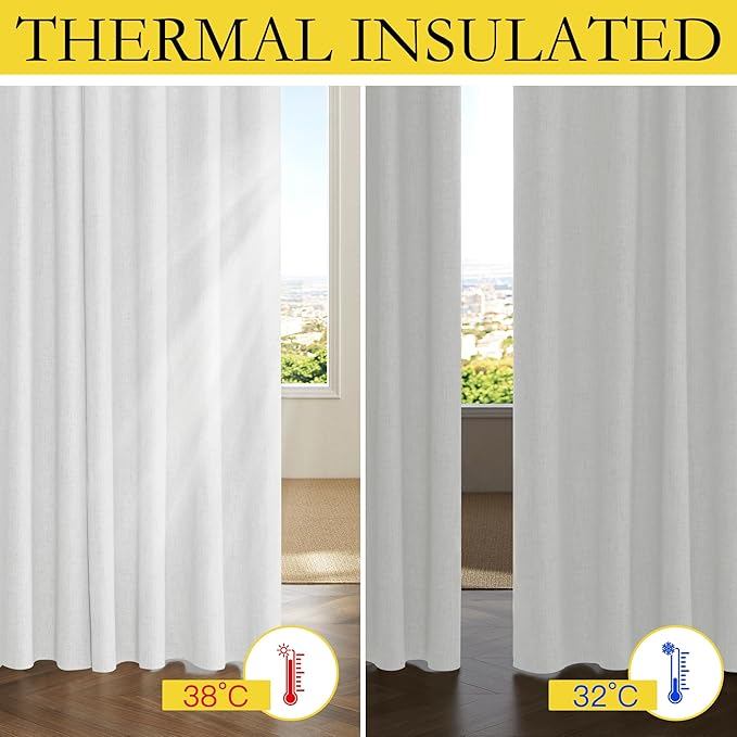 NICETOWN 100% Absolutely Blackout Linen Curtains with Thermal Insulated Liner, Greyish White, 42" Wide, 63" Length Energy Saving Curtains for Classroom 2 Panels Set, Vertical Blinds