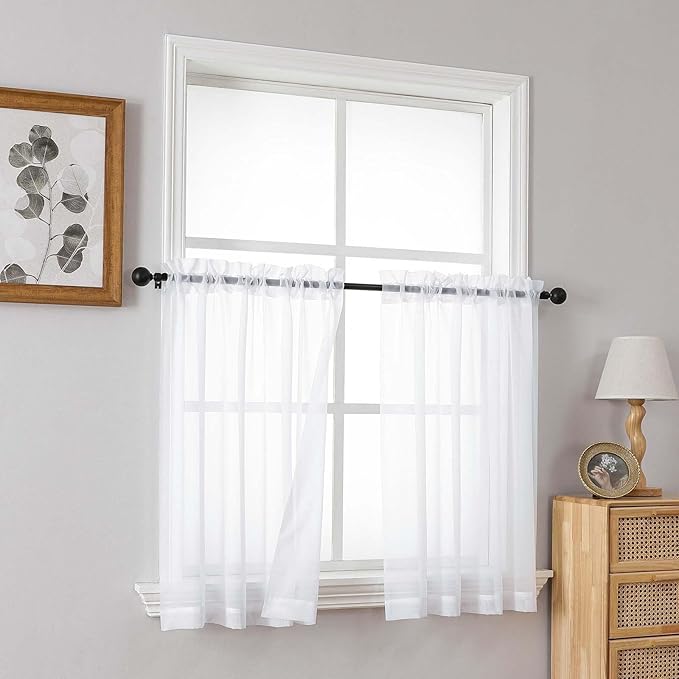 White Sheer Curtains Tier 36 Inches Length 2 Panels Set, Light Filtering Lightweight Soft Window Treatments Drapes, Cute Elegant Cafe Curtains for Nursery, Dual Rod Pocket, 2x42Wx36L Inches