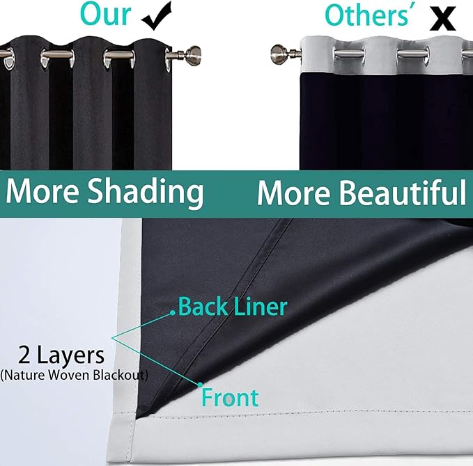Yakamok 100% Blackout Curtains for Bedroom 63 Inch Length, 2 Thick Layers Thermal Insulated Grommet Total Blackout Drapes with Black Liner for Living Room (42Wx63L,Light Grey, 2 Panels)