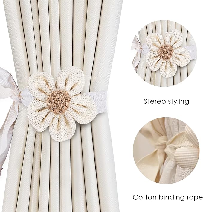 SRG 4pcs Handmade Rope Curtain Tiebacks | Boho Flower Curtain Holdbacks | Simple Elegant Sunflower Curtain Holders | Boho Bedroom Decor（Cream&Khaki）