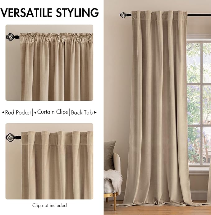 MIULEE Velvet Curtains 96 inches 2 Panels - Luxury Blackout Curtains for Bedroom Living Room Thermal Insulated Super Soft Window Drapes Rod Pocket & Back Tab, Camel Beige, W52 x L96 inches
