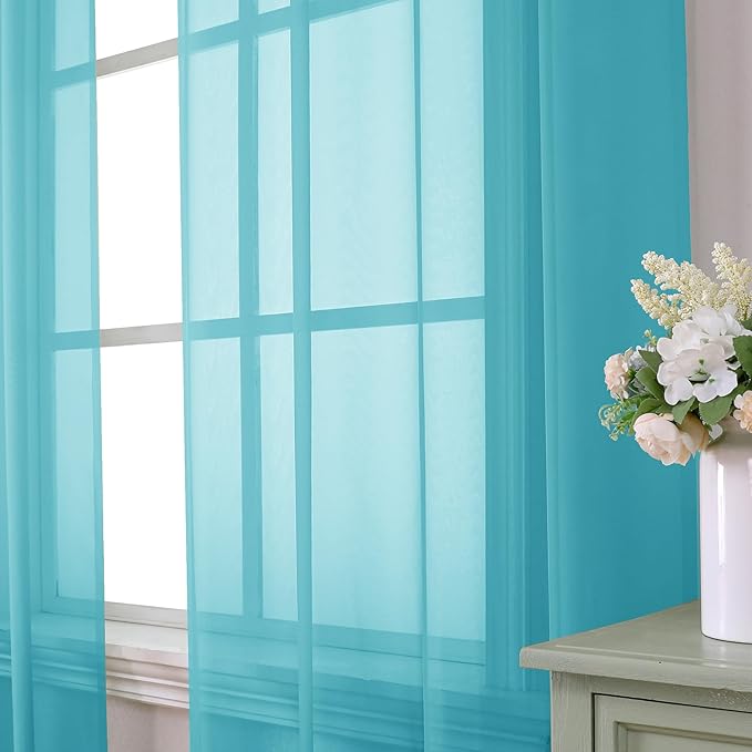 Aiyufeng Turquoise Sheer Curtains 90 Inches Long 2 Panels Set, Light Filtering Soft Airy Voile Rod Pocket Turquoise Sheer Window Drapes for Bedroom Living Room, Each 42Wx90L Inches
