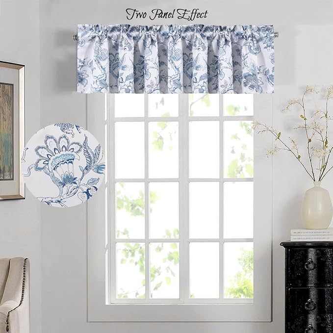 H.VERSAILTEX Blackout Curtain Valances for Kitchen Window/Living Room/Bathroom Privacy Added Rod Pocket Home Decoration Winow Valance, 52" W x 18" L, Floral in Storm Blue
