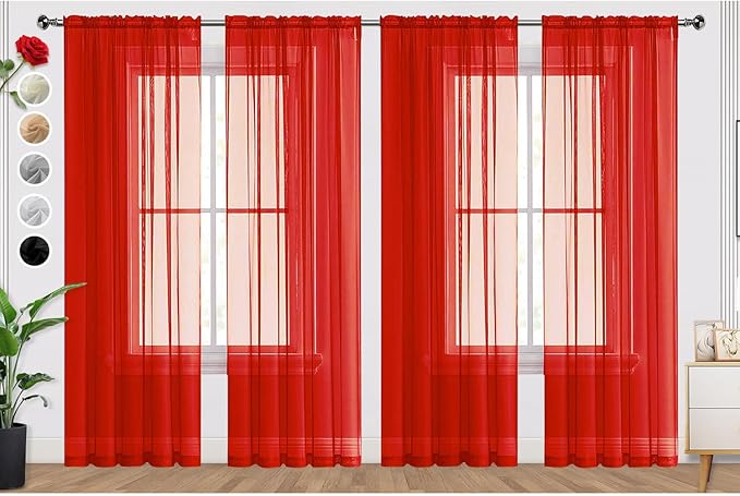 SpaceDresser Sheer Red Curtains 4 Panels Rod Pocket Semi-Sheer Curtain 54 Inches Long Light Filtering Voile Window Drapes for Bedroom Living Room Kitchen, Each 52W x 54L