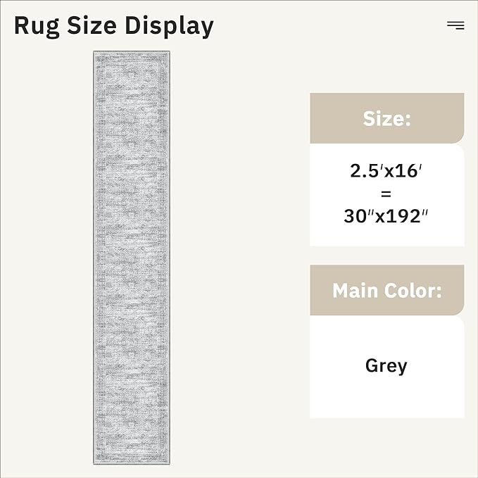 Runner Rug 2'6" x 16' Washable Non-Slip 2.5x16 ft Long Runner Rugs for Kitchen Bathroom Laundry Room Vintage Ultra Thin Runners for Hallway Entryway Grey