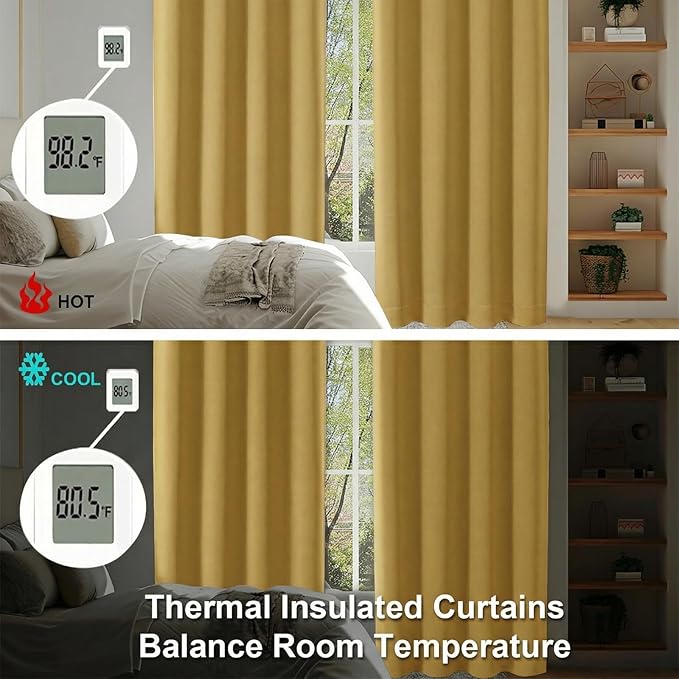 Simplebrand Ava Bright Gold Blackout Curtains for Bedroom 63 Inch Length 2 Panels Set, Privacy Thermal Insulated Rod Pocket Door Window Curtains for Patio French Door Front Door, W40 x L63 Inch