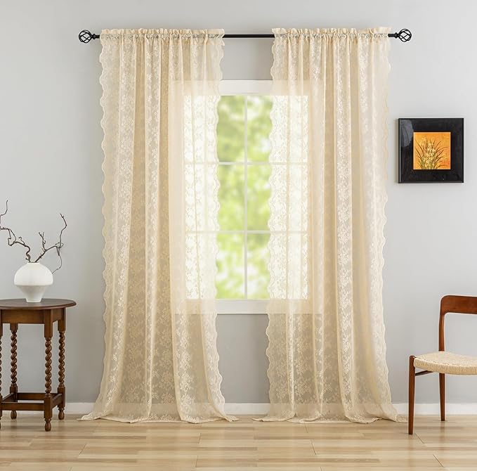 YJ YANJUN Vintage Lace Curtains-Victorian Floral Sheer 80 inch Long Curtains for Closet Without Door Living Room Hallway Light Filtering Retro Closet Door Covering Ideas 1 Pair W52 X L80 Light Beige