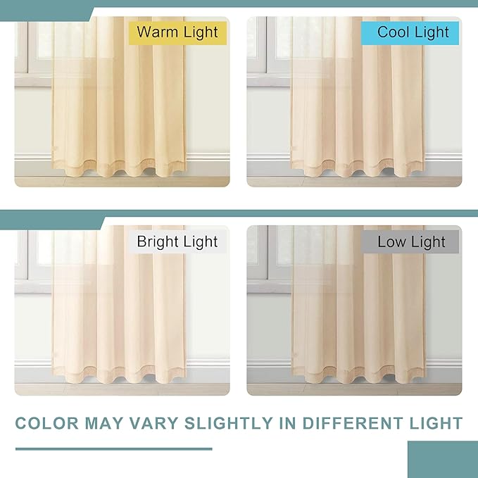 DWCN Beige Sheer Curtains Semi Transparent Voile Rod Pocket Curtains for Bedroom and Living Room, 60 x 63 inches Long, Set of 2 Panels