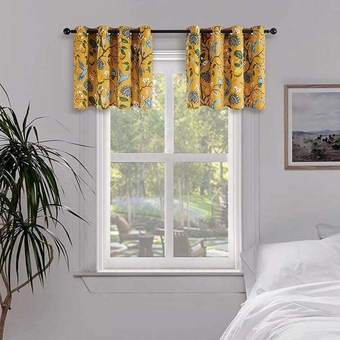 Topfinel Mustard Yellow Blackout Valances Curtains 18 Inches Long Farmhouse Leaf Hummingbird Lemon Tree Printed Grommet Toppers for Kitchen Bathroom, Thermal Insulated Grommet Short Window Set of 2