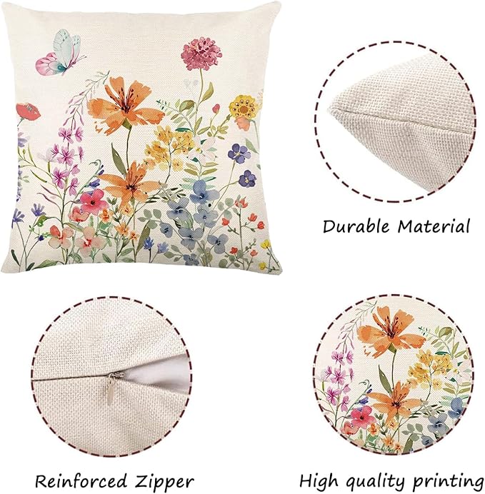 ONFAON Spring Pillow Covers 16x16 Inch Set of 4,Seasonal Floral Outdoor Decorative Square Linen Farmhouse Decor Cushion Covers for Home Sofa Bed Couch