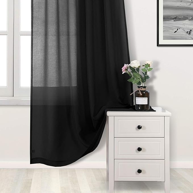 DWCN Black Sheer Curtains Semi Transparent Voile Rod Pocket Curtains for Bedroom and Living Room, 52 x 108 inches Long, Set of 2 Panels