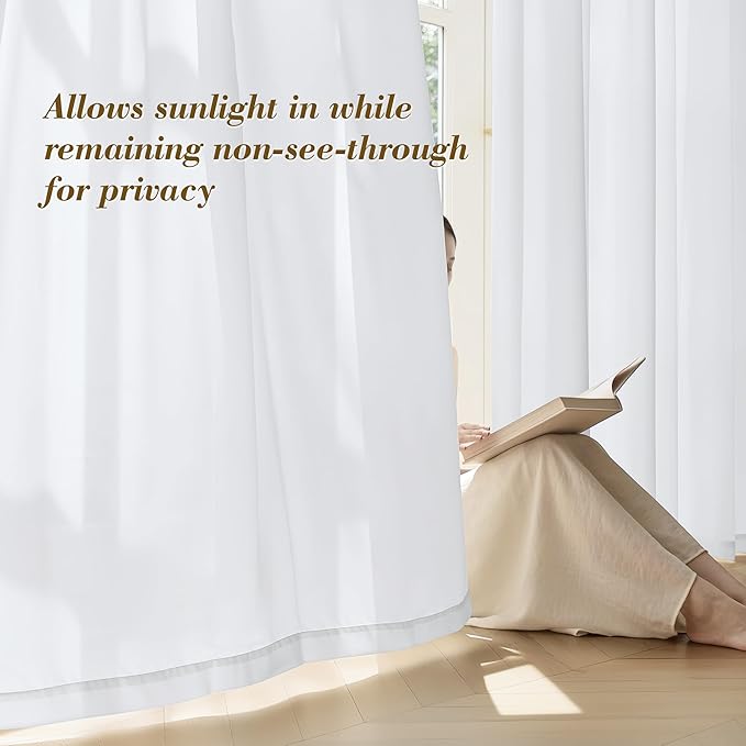 FMFUNCTEX Sheer Non-See-Through White Curtains for Bedroom, Faux Silk that Let Light Curtains 96 inches Long Light Filtering Privacy Sheer Window Drapes for Living Room, Rod Pocket 2 Panels Set