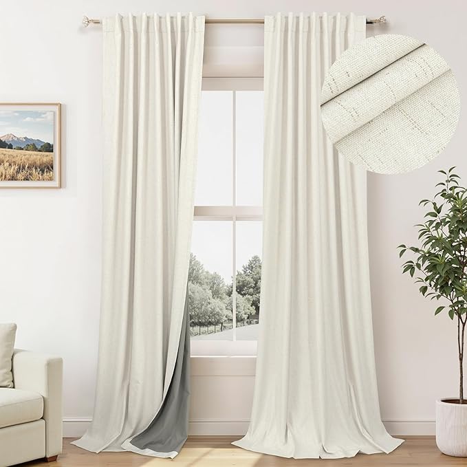 100 Percent Blackout Sliding Glass Door Curtains 120 Inches Long 2 Panels 10 Foot ft Floor to Ceiling Drape Cotton Linen Textured Drop Cloth Traverse Curtains Theater Farmhouse Natural Cream Colored